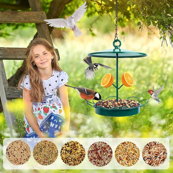 Hanging Metal Bird Feeder Outdoor Wild Bird Food Tray with Fruit Holder Green - Picture 5 of 7